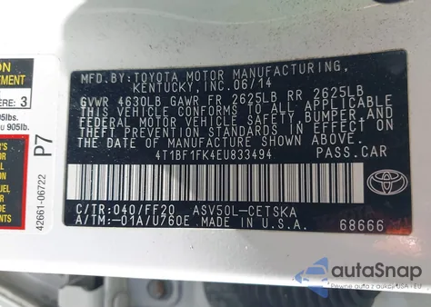 2014 Toyota Camry Se from USA, damaged, VIN 4T1BF1FK4EU833494
